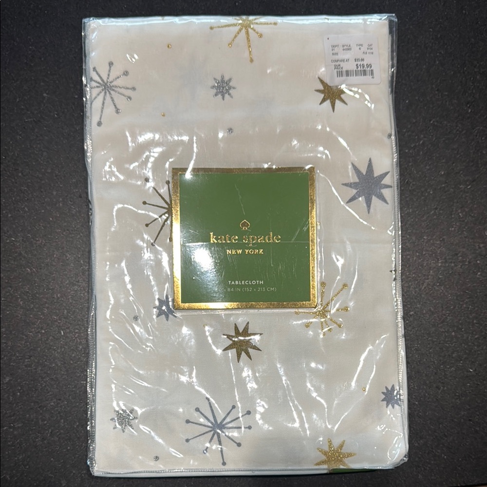 Kate Spade White Tablecloth with Gold and Silver Star Patterns